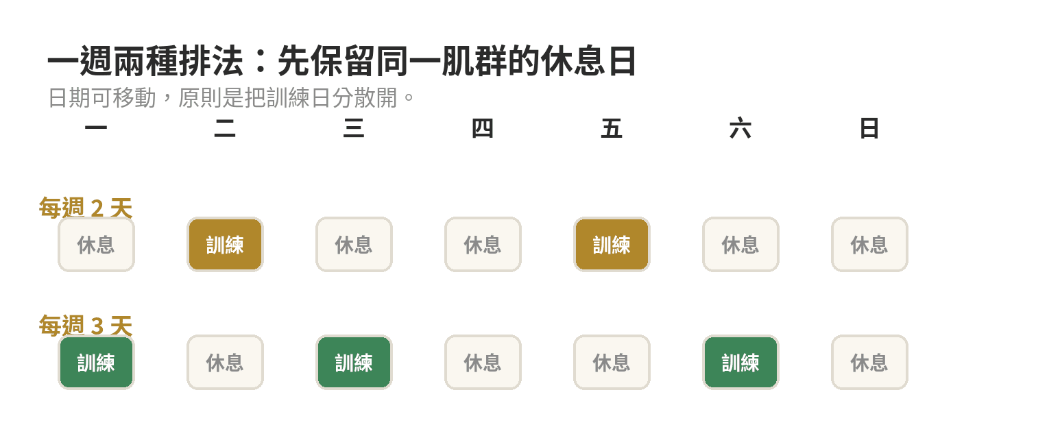 居家肌力訓練一週安排的兩天與三天範例