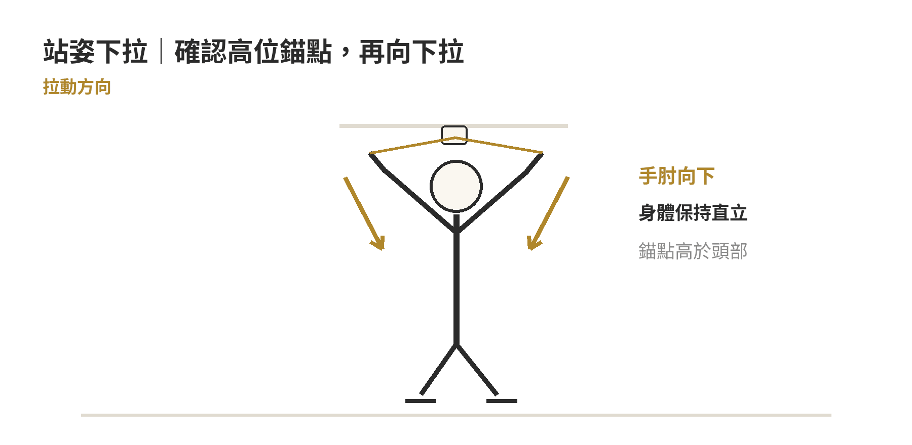 站姿彈力帶下拉示意：帶子固定於頭部上方，雙手往身體兩側下拉，軀幹保持直立。