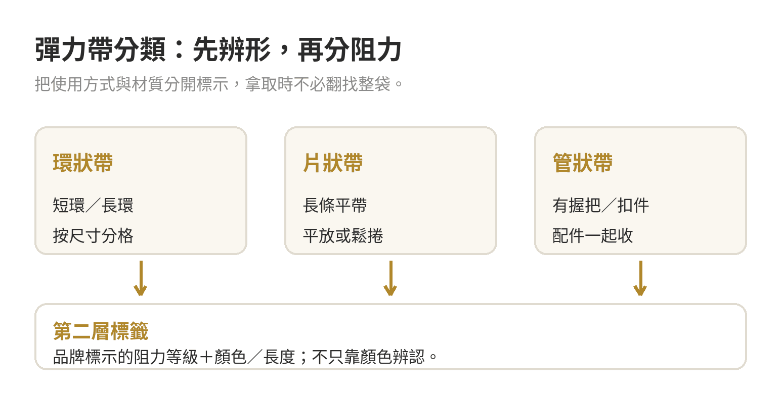 健身彈力繩收納怎麼做:分類與保養方式 彈力帶依環狀、片狀、管狀分區,再按阻力與尺寸加上標籤