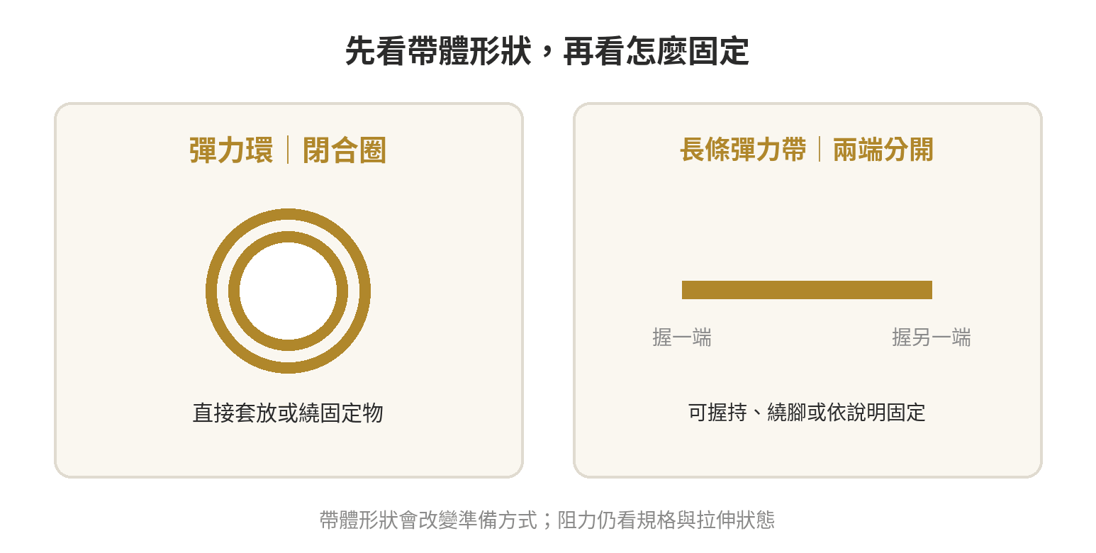 彈力環怎麼用:跟一般彈力帶差在哪 彈力環是閉合圈,長條彈力帶兩端分開,圖示呈現兩者外形與固定方式差異
